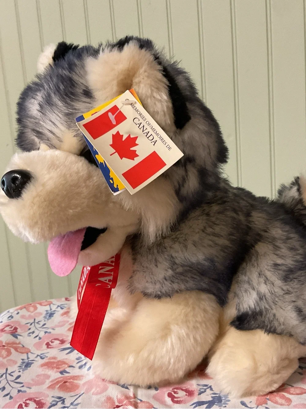 Plush Husky Dog Toy — Gray & Cream with Pink Tongue